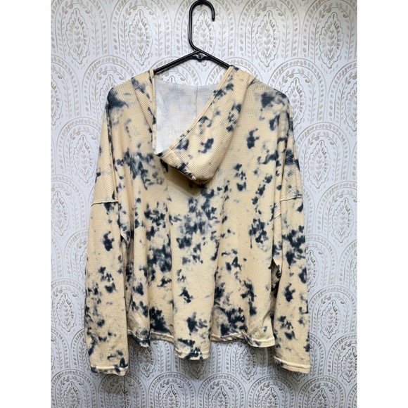 CELLABIE Waffle Knit Hoodie Womens 2XL Yellow Tie Dye Thermal Pullover Top - Picture 2 of 7